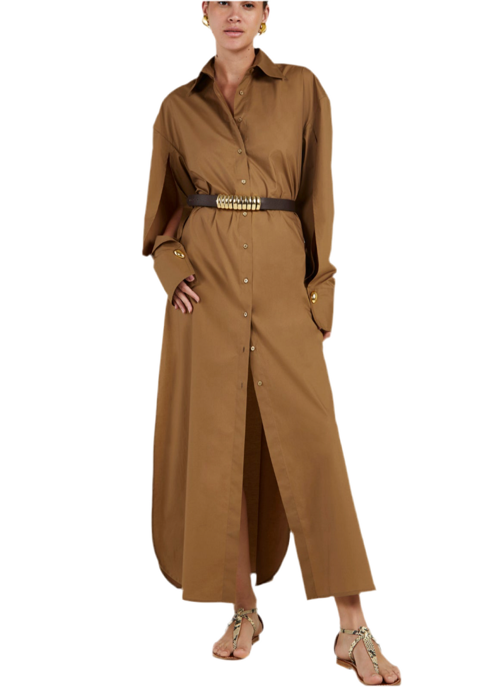 KHAKI CANVAS OPEN SLEEVED CHEMISIER